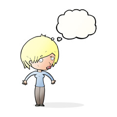 cartoon woman shrugging with thought bubble