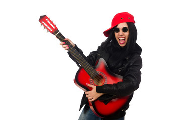 Woman playing guitar isolated on white