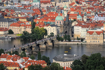 Fototapeta na wymiar Aerial view of Prague City and Charles Bridge
