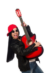 Naklejka premium Woman playing guitar isolated on white