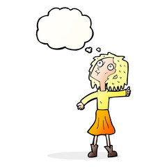 cartoon woman looking up to the sky with thought bubble