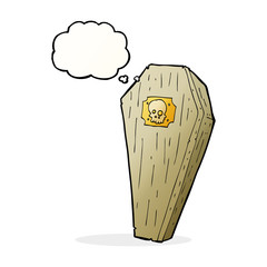 spooky cartoon coffin with thought bubble