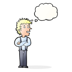 cartoon boy with folded arms with thought bubble