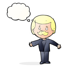 cartoon mustache man with open arms with thought bubble
