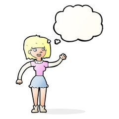 cartoon girl waving with thought bubble