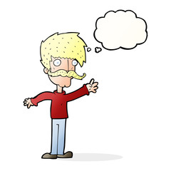 cartoon waving mustache man with thought bubble