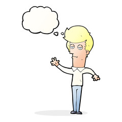 cartoon bored man waving with thought bubble