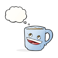 cartoon coffee mug with thought bubble