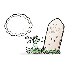 cartoon zombie rising from grave with thought bubble