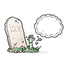 cartoon zombie rising from grave with thought bubble