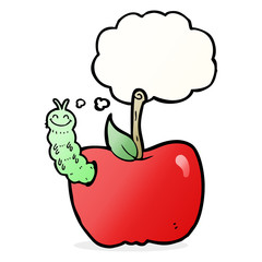 cartoon apple with bug with thought bubble