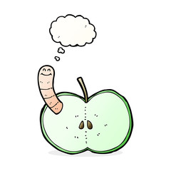 cartoon apple with worm with thought bubble