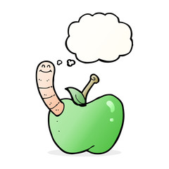 cartoon apple with worm with thought bubble
