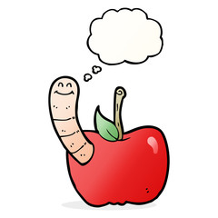cartoon apple with worm with thought bubble