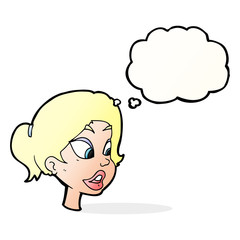 cartoon friendly woman with thought bubble