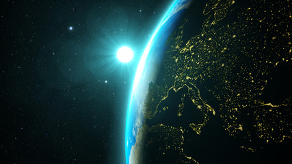 Planet Earth with a spectacular sunset, view on Europe and Africa.