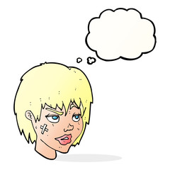 cartoon woman with plaster on face with thought bubble