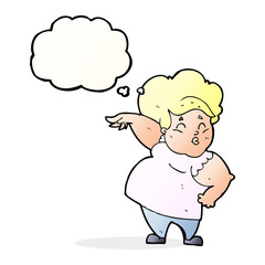 cartoon happy overweight lady with thought bubble