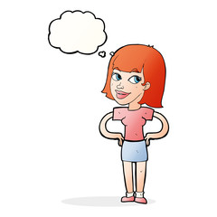 cartoon happy woman with hands on hips with thought bubble