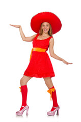 Woman wearing sombrero on the white