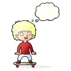 cartoon boy on skateboard with thought bubble