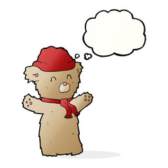 cartoon teddy bear in hat and scarf with thought bubble