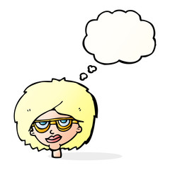 cartoon woman wearing spectacles with thought bubble