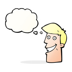 cartoon grinning man with thought bubble