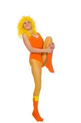 Young girl doing exercises on white