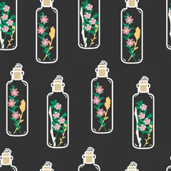 Tapeten Nahtloses Muster mit handgezeichneten Blumenterrarien. Pflanzenanhänger mit getrockneten Blumen, Moos und Beeren. Bunte Vektorillustration © monstreh