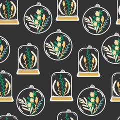 Modèle sans couture avec des terrariums floraux dessinés à la main. Pendentif plante avec fleurs séchées, mousse et baies. Illustration vectorielle coloré