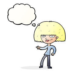 cartoon happy woman pointing with thought bubble