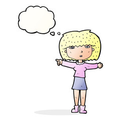 cartoon girl pointing with thought bubble