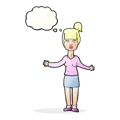 cartoon woman shrugging shoulders with thought bubble