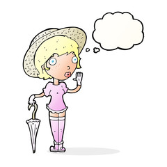 cartoon woman in summer hat waving with thought bubble