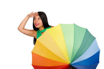 Woman with umbrella isolated on white