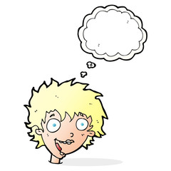 cartoon crazy excited woman with thought bubble