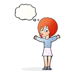 cartoon woman with open arms with thought bubble