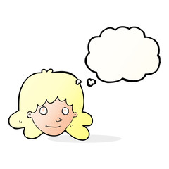 cartoon happy female face with thought bubble