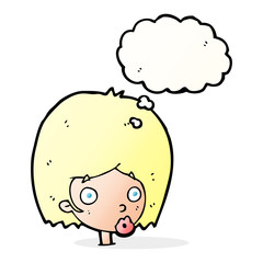 cartoon surprised female face with thought bubble