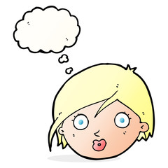 cartoon surprised female face with thought bubble