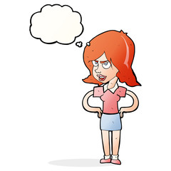 cartoon annoyed woman with hands on hips with thought bubble