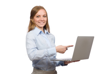 Office employee holding laptop isolated on white