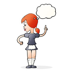 cartoon waitress calling order with thought bubble