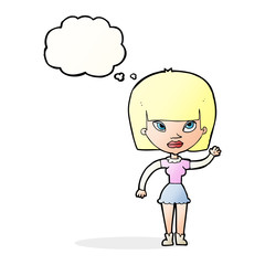 cartoonw woman waving with thought bubble