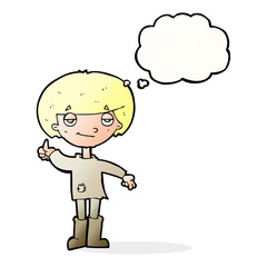 cartoon boy in poor clothing giving thumbs up symbol with though