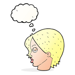 cartoon woman raising eyebrow with thought bubble