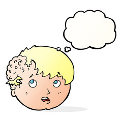 cartoon boy with ugly growth on head with thought bubble