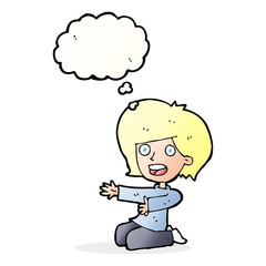 cartoon shocked woman on knees with thought bubble