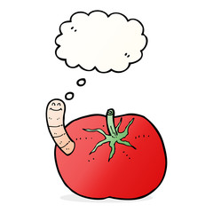 cartoon tomato with worm with thought bubble